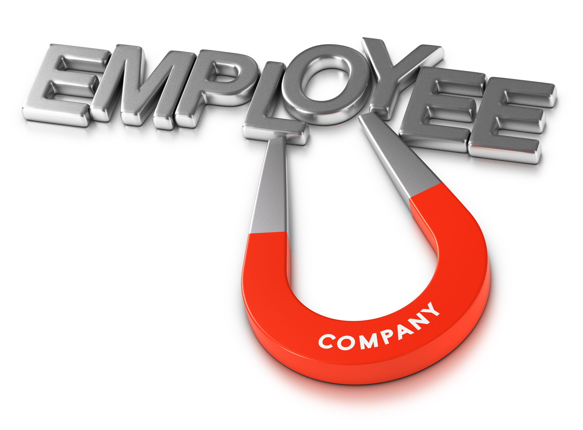 Horseshoe magnet attracting the word employee over white background, 3d illustration of staff retention program or attractive employer.