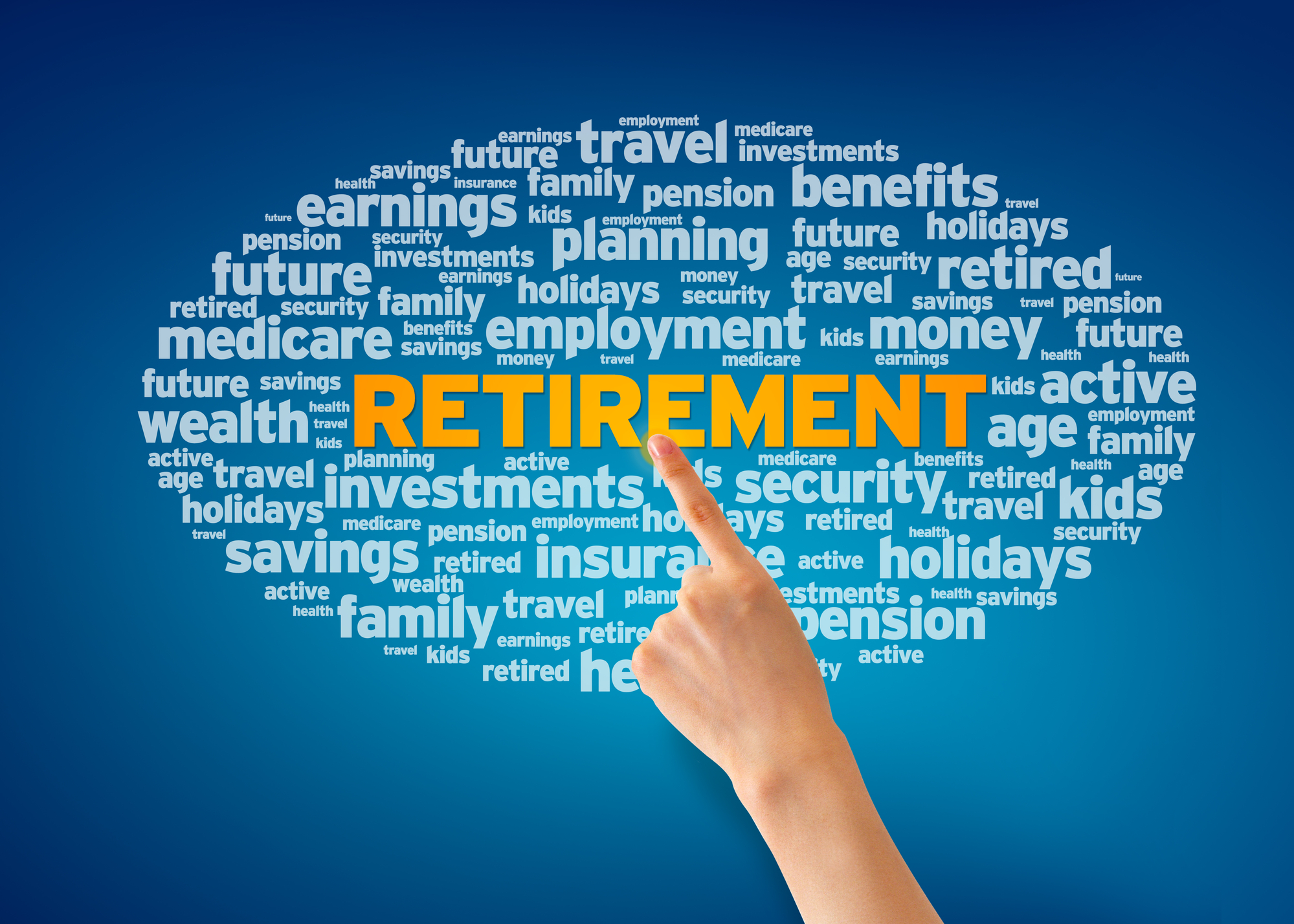 Hand pointing at a Retirement word cloud on blue background.
