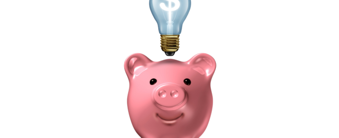 piggy bank with lightbulb on top of head - financial ideas concept