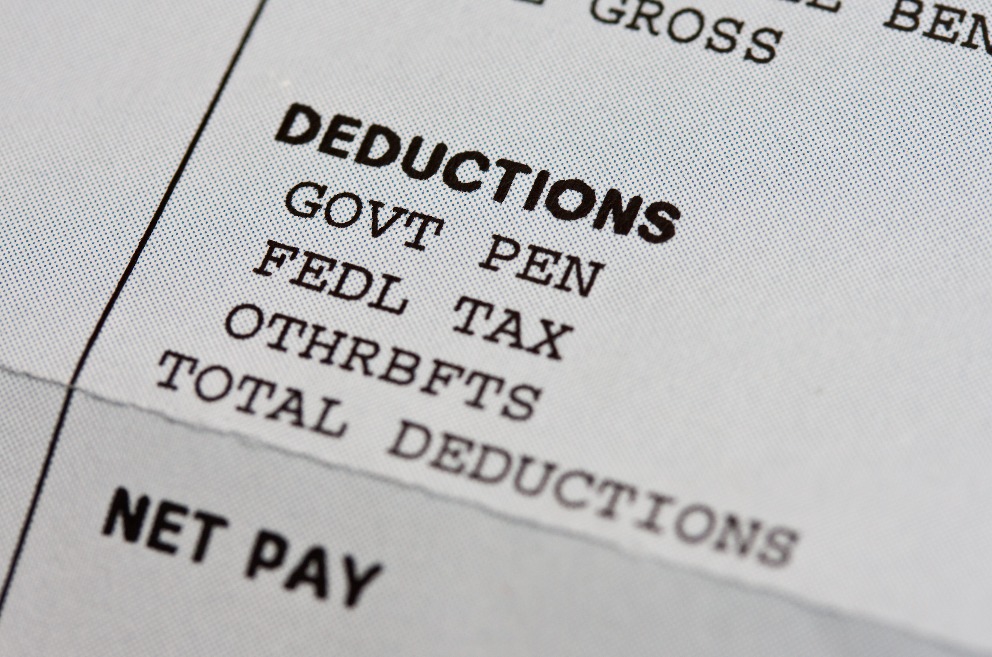 Close up of Payroll deductions on pay stub
