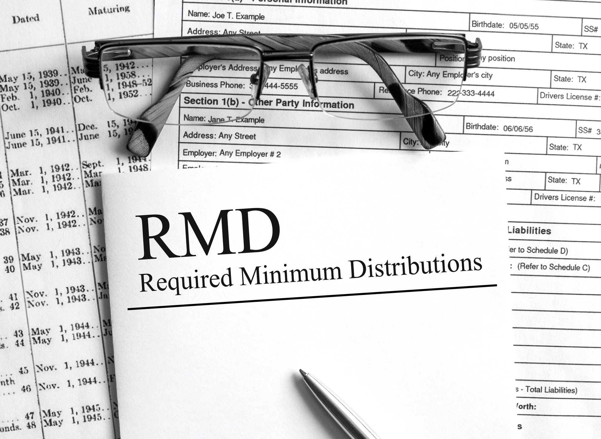 Paper with text RMD Required Minimum Distributions on a table